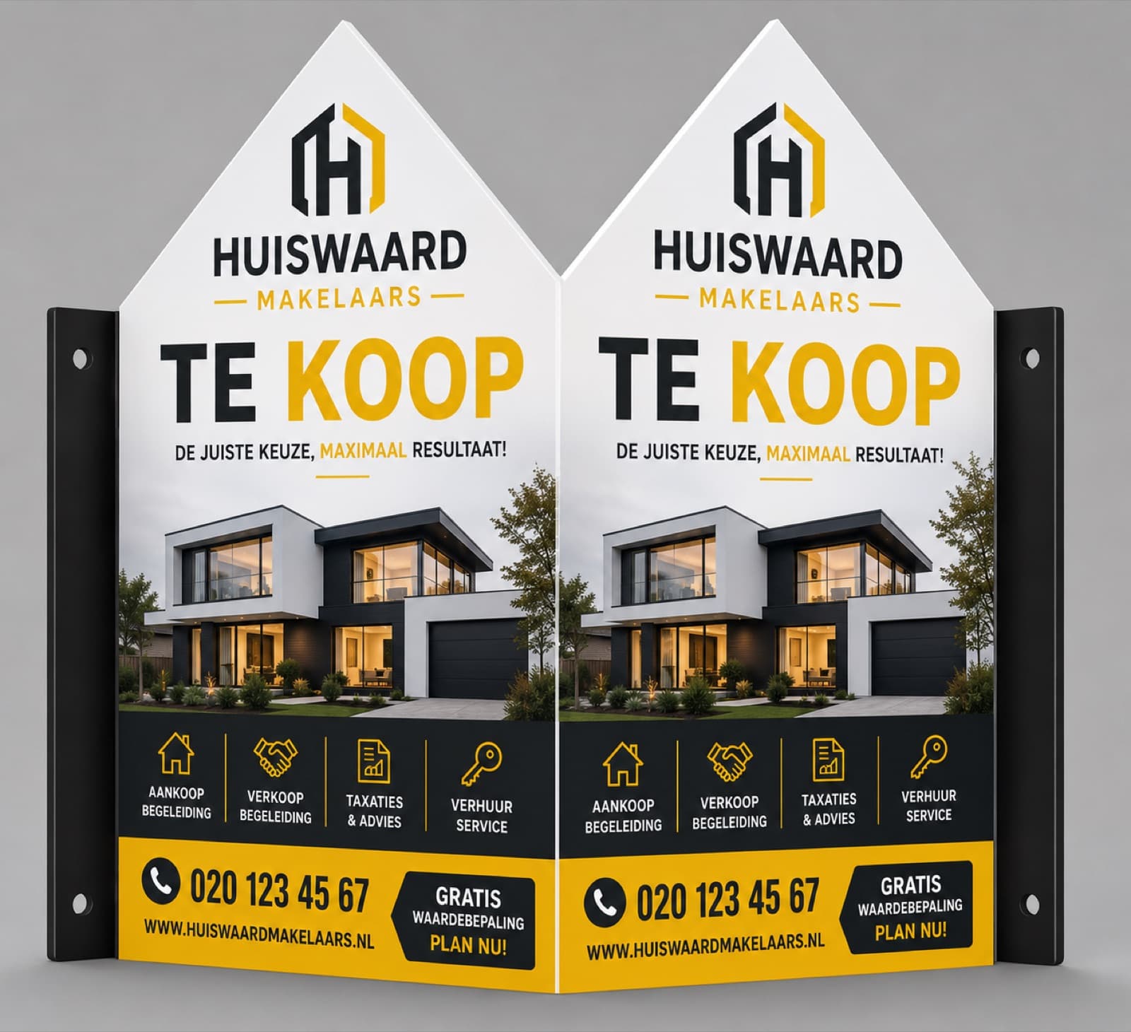 Contourgesneden reclamebord — V-bord met dakvormige bovenrand van Huiswaard Makelaars