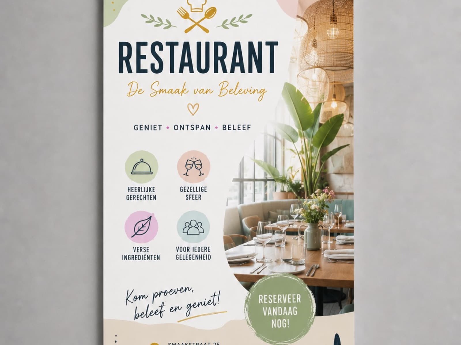 Plat reclamebord op kanaalplaat — restaurant-reclamebord met decoratieve typografie