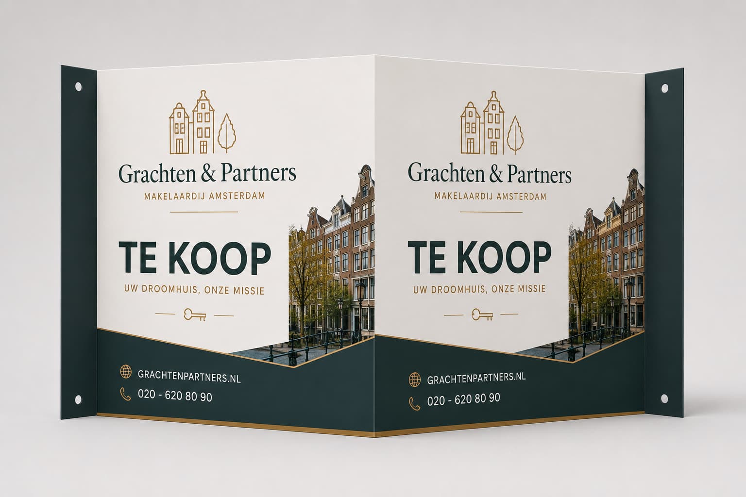 Premium V-bord van ReclameBordenLab — dubbelzijdig vouwbaar raambord met Grachten & Partners makelaardij branding